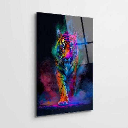Renkli Neon Dumanlı Kaplan Sanatsal Dikey Cam Tablo