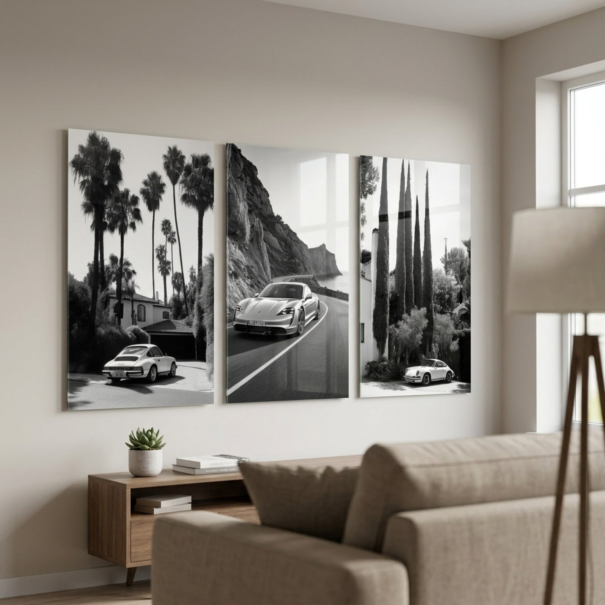 Porsche Siyah Beyaz Otomobil Seti Dikey 3'lü Set Cam Tablo