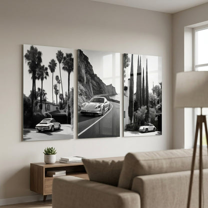 Porsche Siyah Beyaz Otomobil Seti Dikey 3'lü Set Cam Tablo