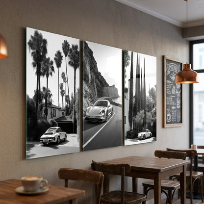 Porsche Siyah Beyaz Otomobil Seti Dikey 3'lü Set Cam Tablo