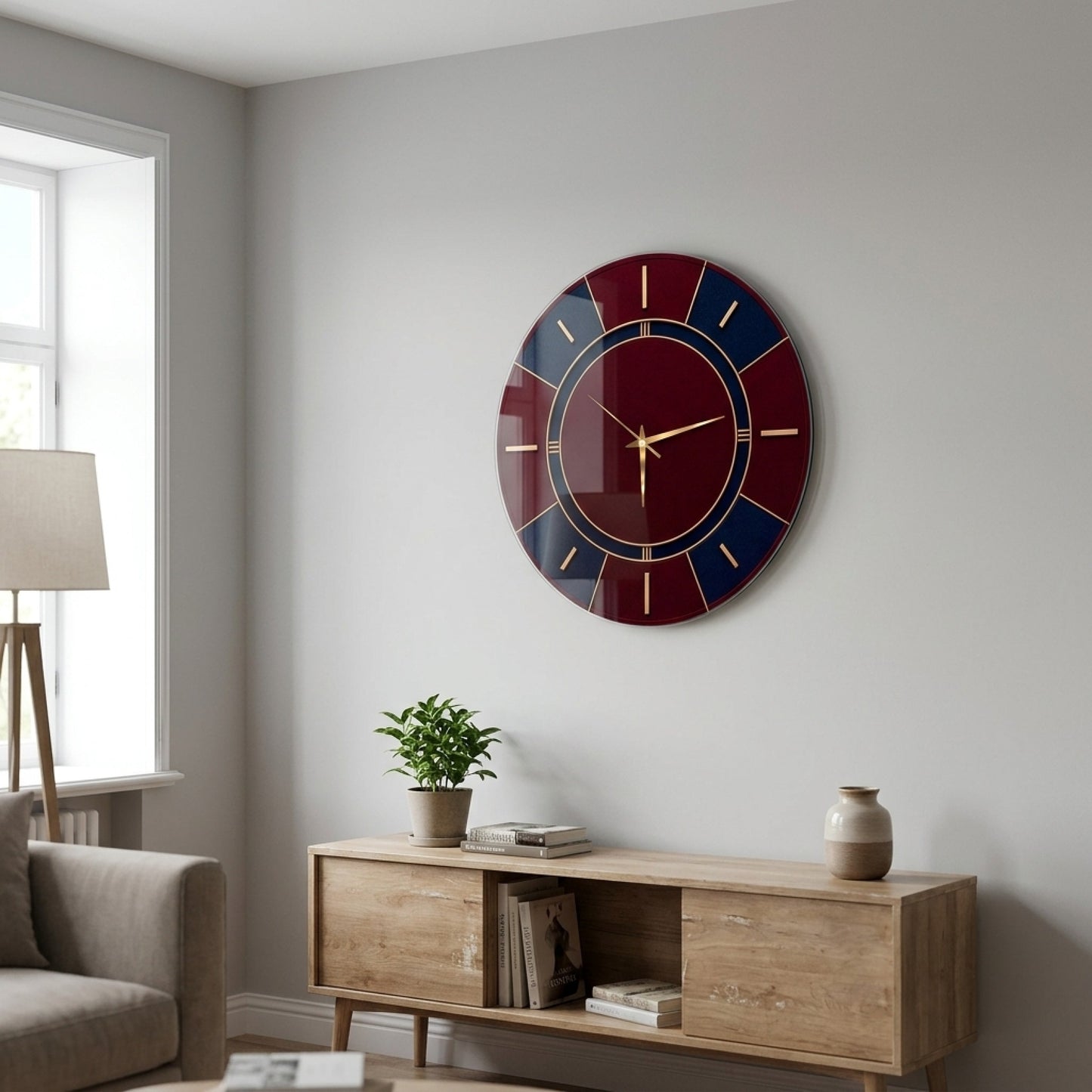 Modern Tasarım Bordo Lacivert Cam Saat