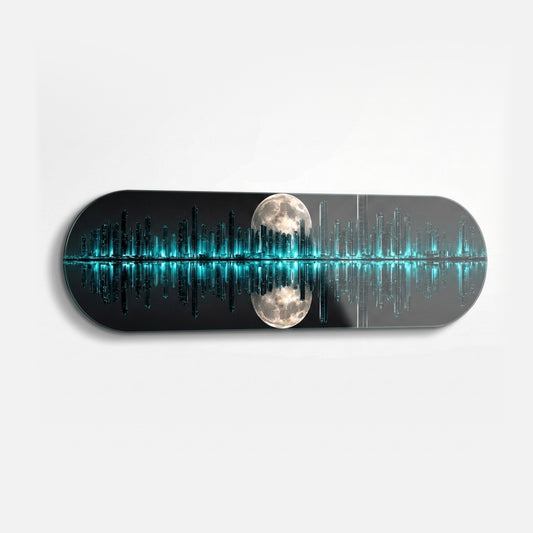Modern Neon Şehir Manzarası Dolunay Yansımalı Skate Board Yatay Cam Tablo