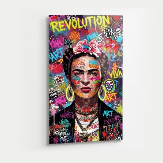 Grafiti Frida Kahlo Sokak Sanatı Portresi Dikey Cam Tablo