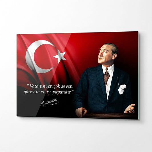 Atatürk Bayraklı ve Sözlü Duvar Dekoru Yatay Cam Tablo