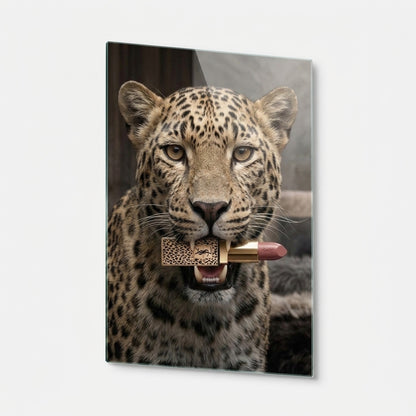 Leopar Desenli Lüks Ruj Taşıyan Vahşi Leopar Portresi Dikey Cam Tablo