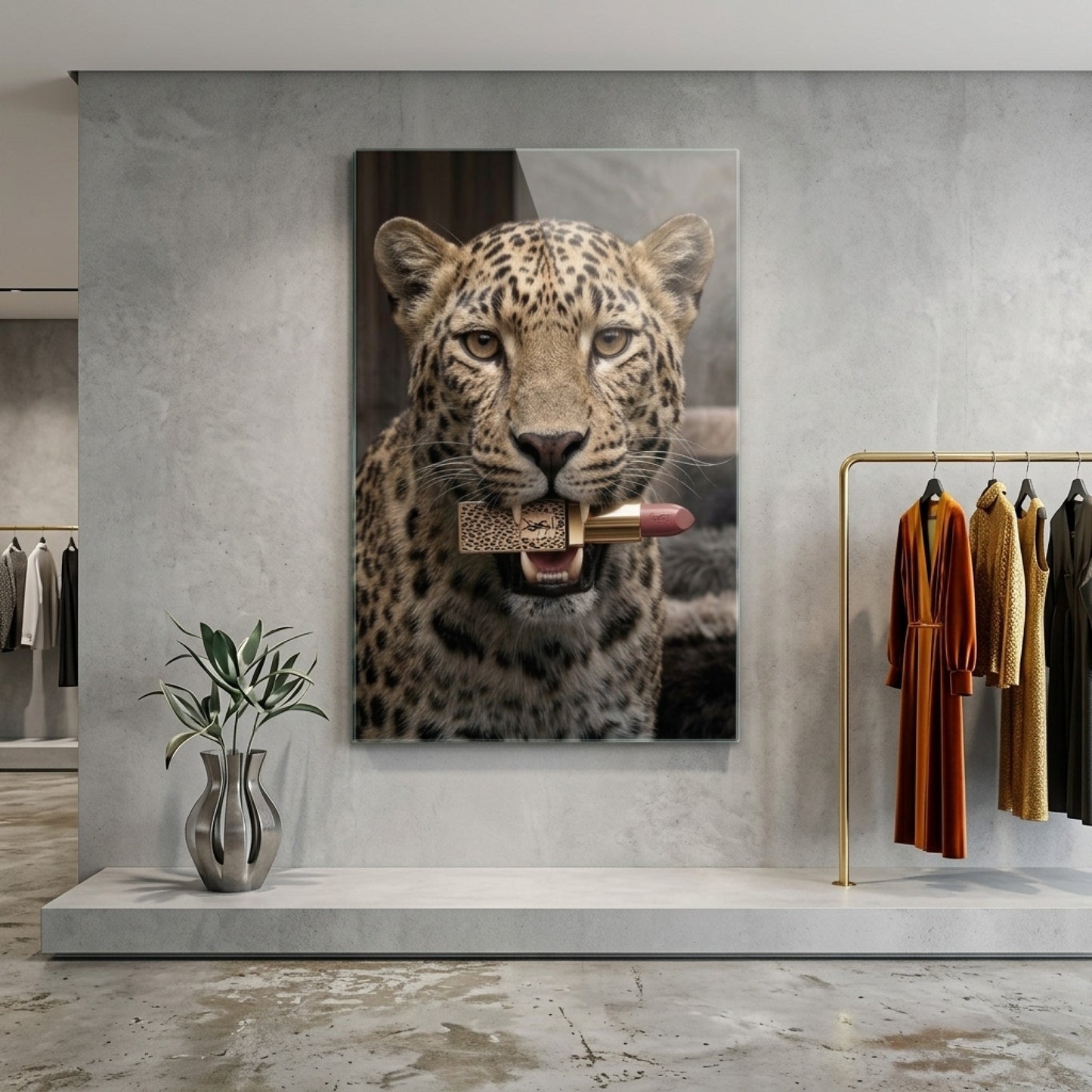 Leopar Desenli Lüks Ruj Taşıyan Vahşi Leopar Portresi Dikey Cam Tablo