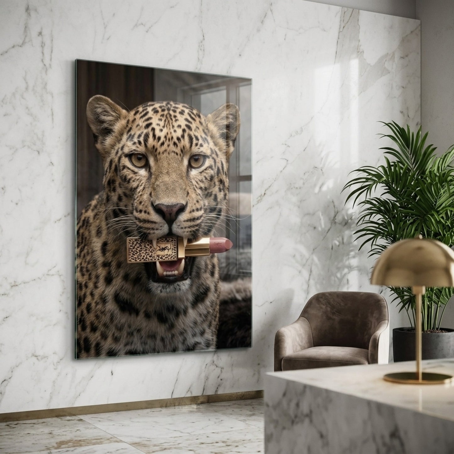 Leopar Desenli Lüks Ruj Taşıyan Vahşi Leopar Portresi Dikey Cam Tablo