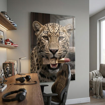 Leopar Desenli Lüks Ruj Taşıyan Vahşi Leopar Portresi Dikey Cam Tablo