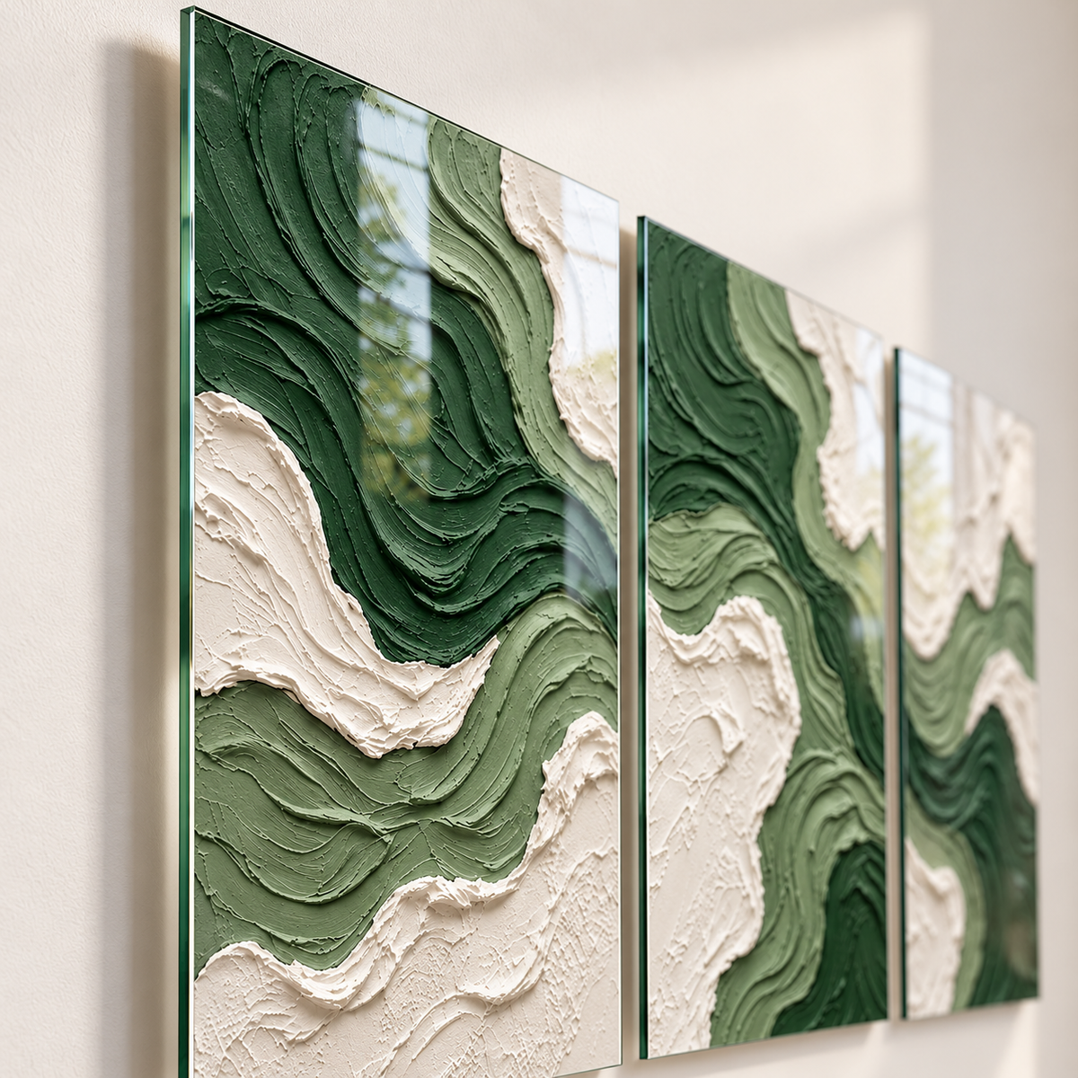 CAMDEKO adaçayı yeşili ve kırık beyaz dalgalar üçlü cam tablo — Duvardan yüzer görünüm