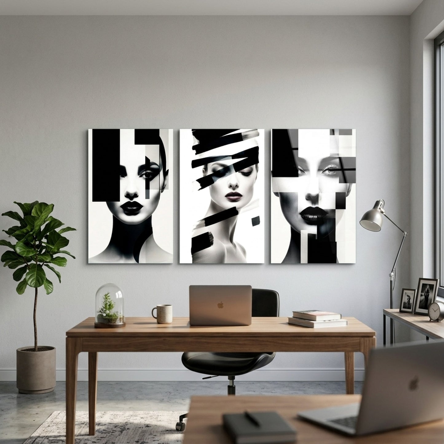 Modern Geometrik Kadın Yüzü Dikey 3'lü Set Cam Tablo