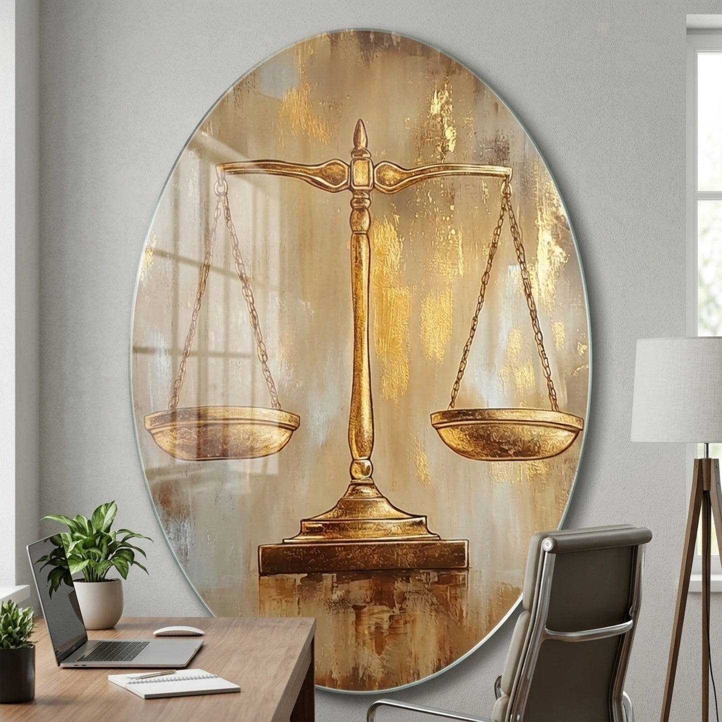Modern Altın Adalet Terazisi Sanat Eseri Oval Dikey Cam Tablo