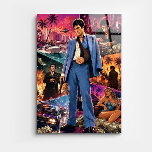 Tony Montana Mavi Takım Elbise Kolajı Dikey Cam Tablo