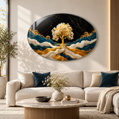 Altın ve beyaz hayat ağacı desenli oval yatay cam tablo salon görünümü
