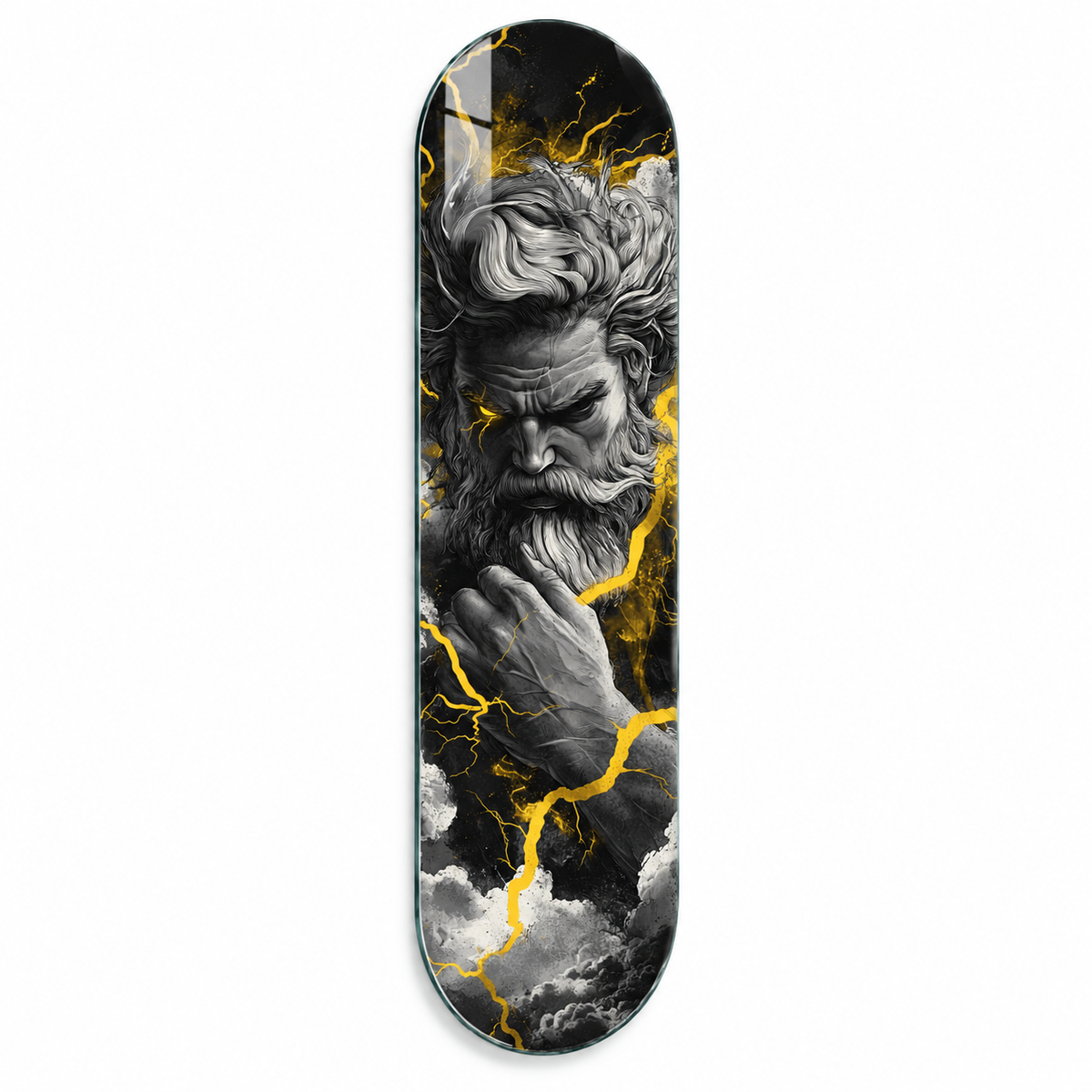 Altın şimşekli Zeus Skate Board cam tablo - beyaz zemin