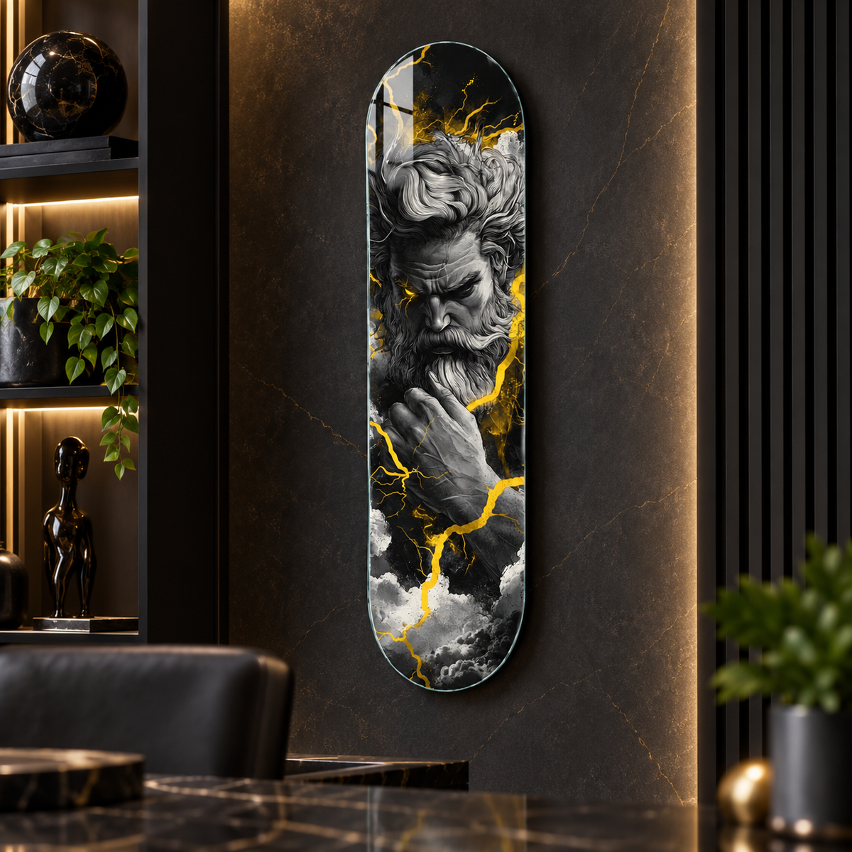 Altın şimşekli Zeus Skate Board cam tablo - premium mekan