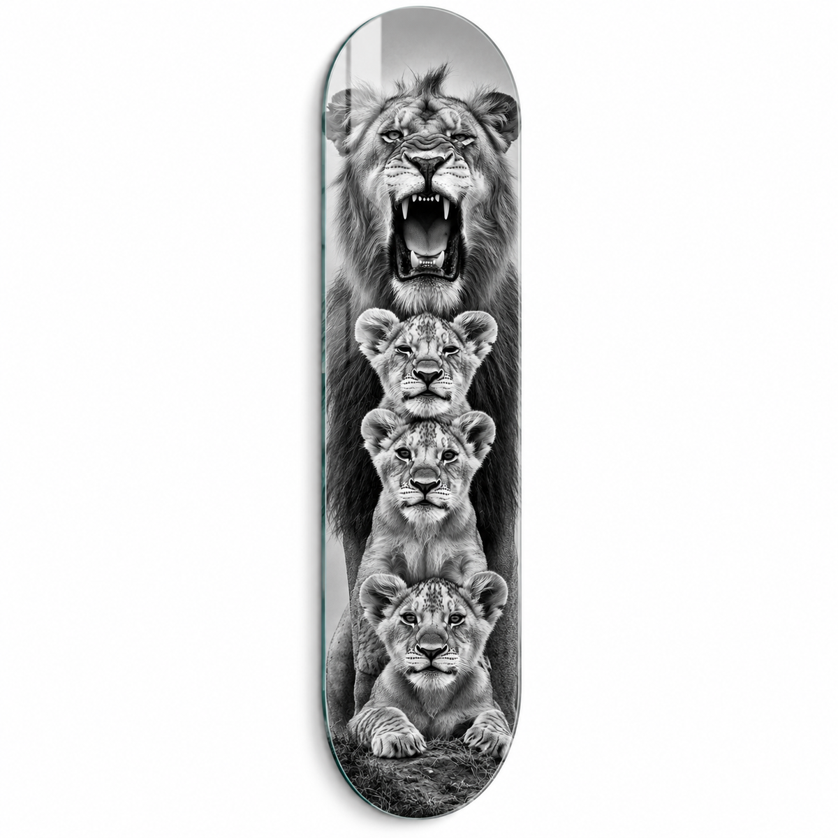 Kükreyen aslan ve yavruları Skate Board cam tablo - beyaz zemin