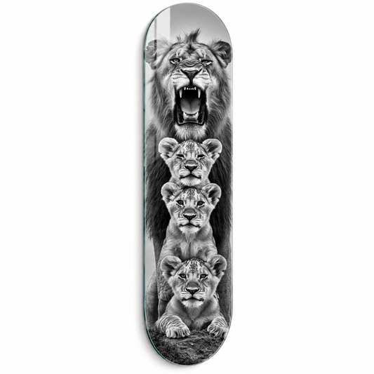 Kükreyen aslan ve yavruları Skate Board cam tablo - beyaz zemin