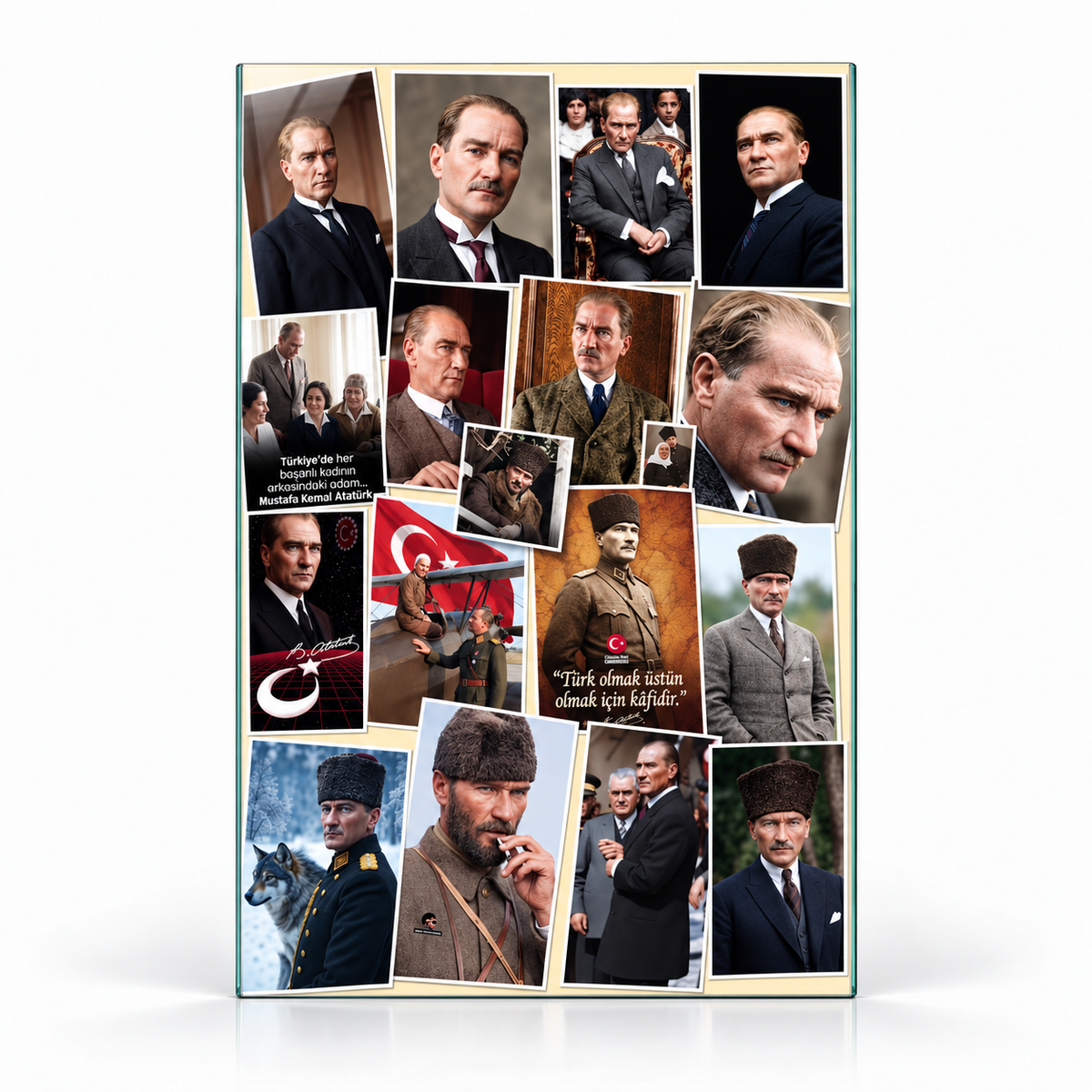 Atatürk Tarihi Fotoğraf Kolajı Dikey Cam Tablo - 60x90 dikey cam tablo, kare tuvalde karşıdan vitrin