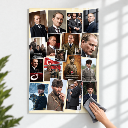 Atatürk Tarihi Fotoğraf Kolajı Dikey Cam Tablo - 60x90 dikey cam tablo temizlik görünümü, kare tuval