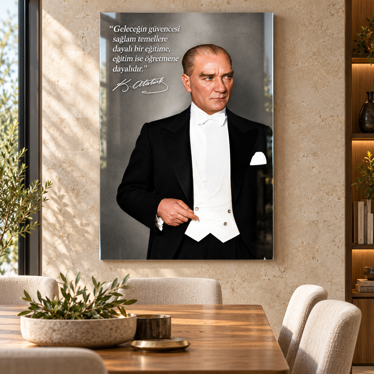 Atatürk Eğitim Sözlü Dikey Cam Tablo - Yemek odası