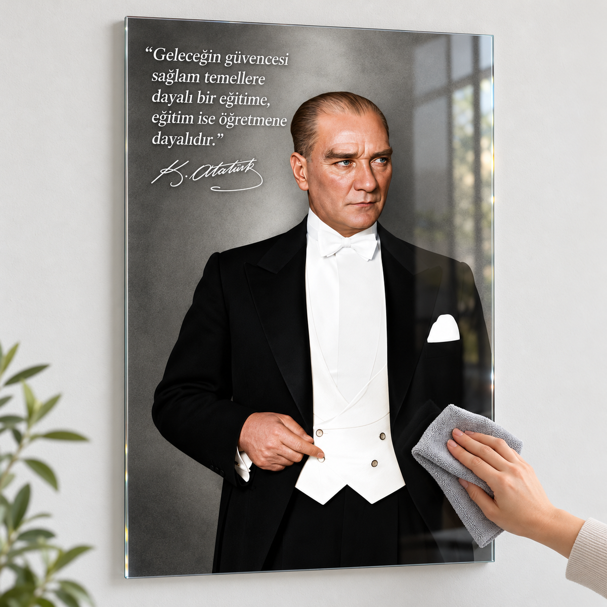 Atatürk Eğitim Sözlü Dikey Cam Tablo - Kolay temizlik