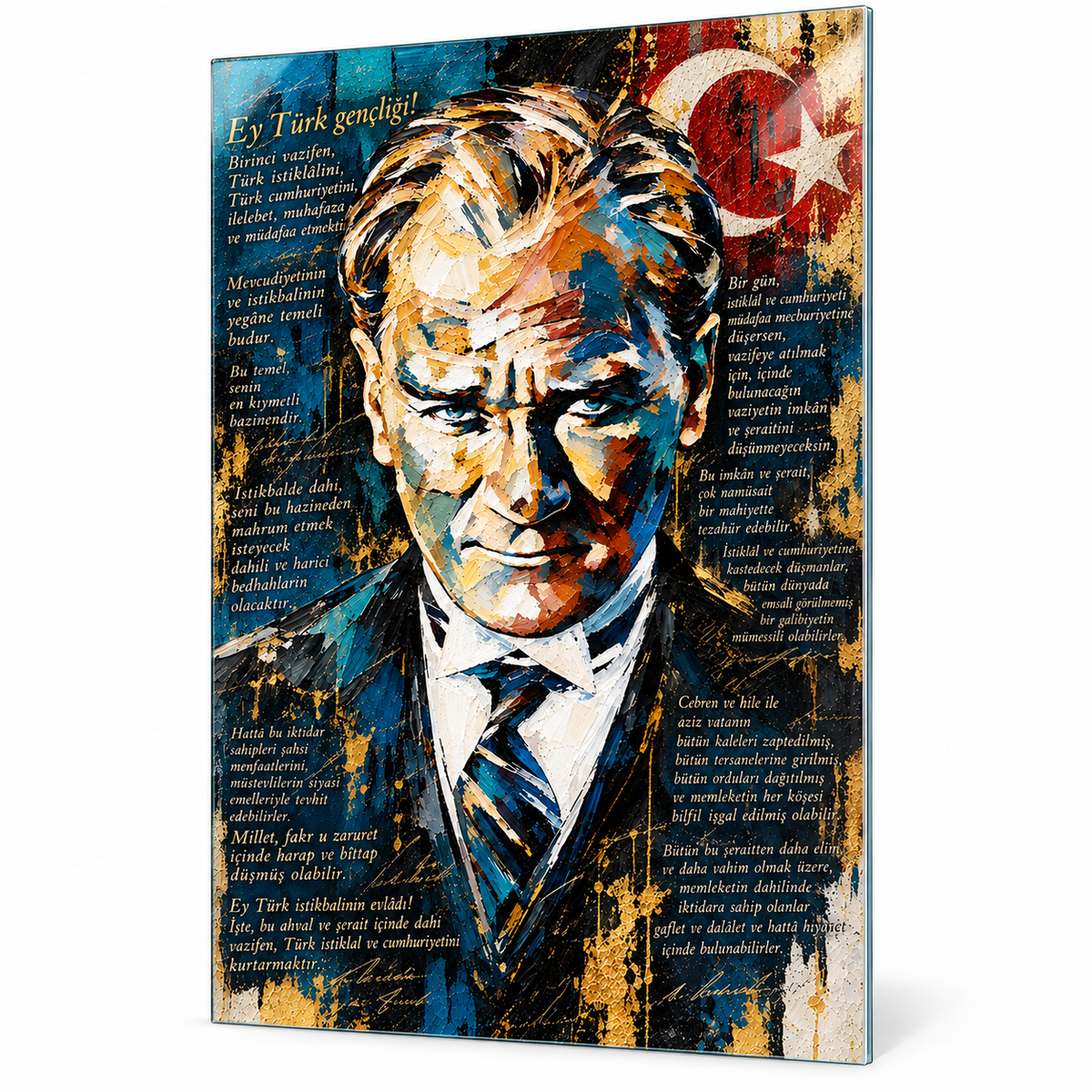 Atatürk ve Gençliğe Hitabe Dikey Cam Tablo - Beyaz zeminde ön görünüm