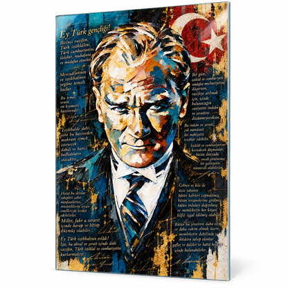 Atatürk ve Gençliğe Hitabe Dikey Cam Tablo - Beyaz zeminde ön görünüm