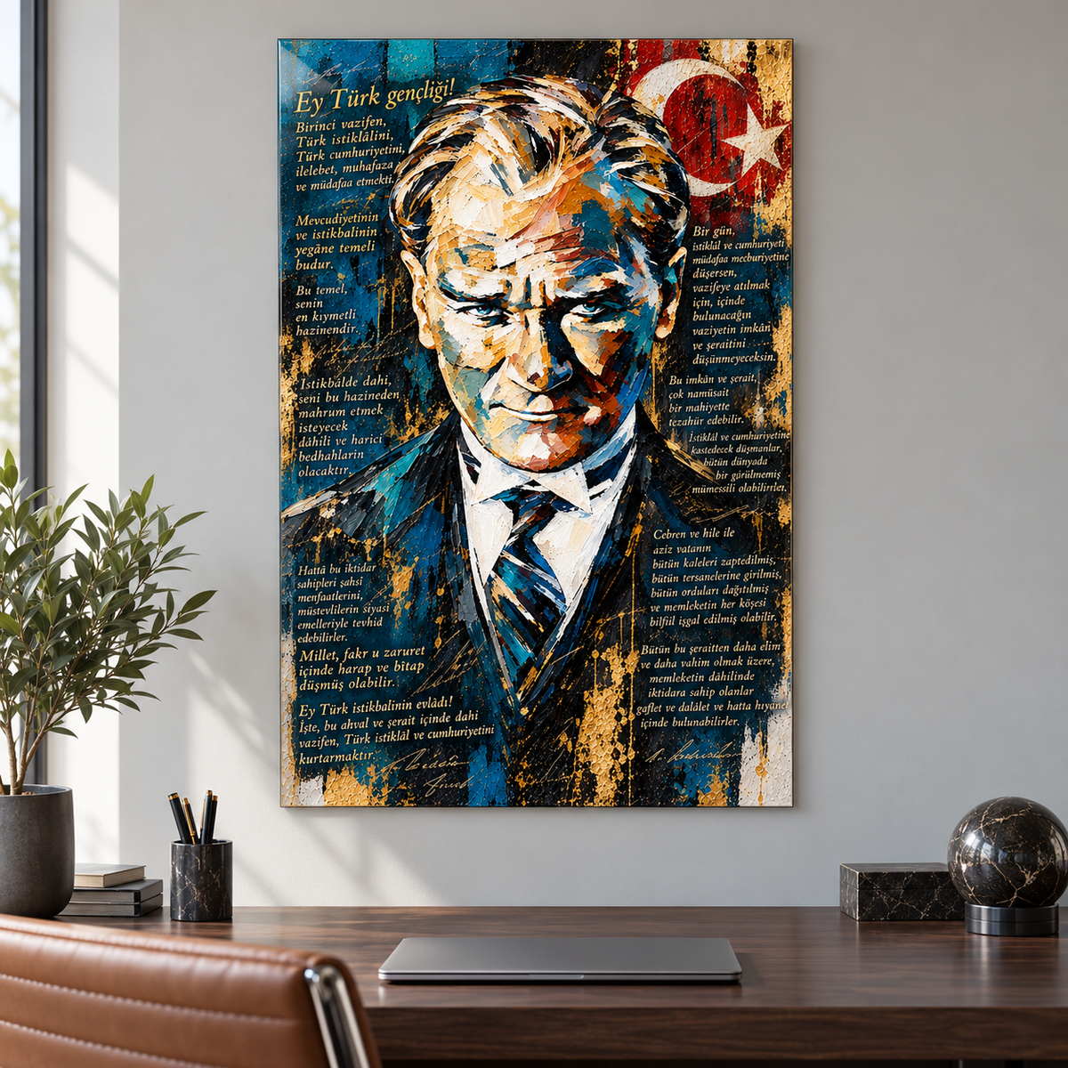 Atatürk ve Gençliğe Hitabe Dikey Cam Tablo - Çalışma odası