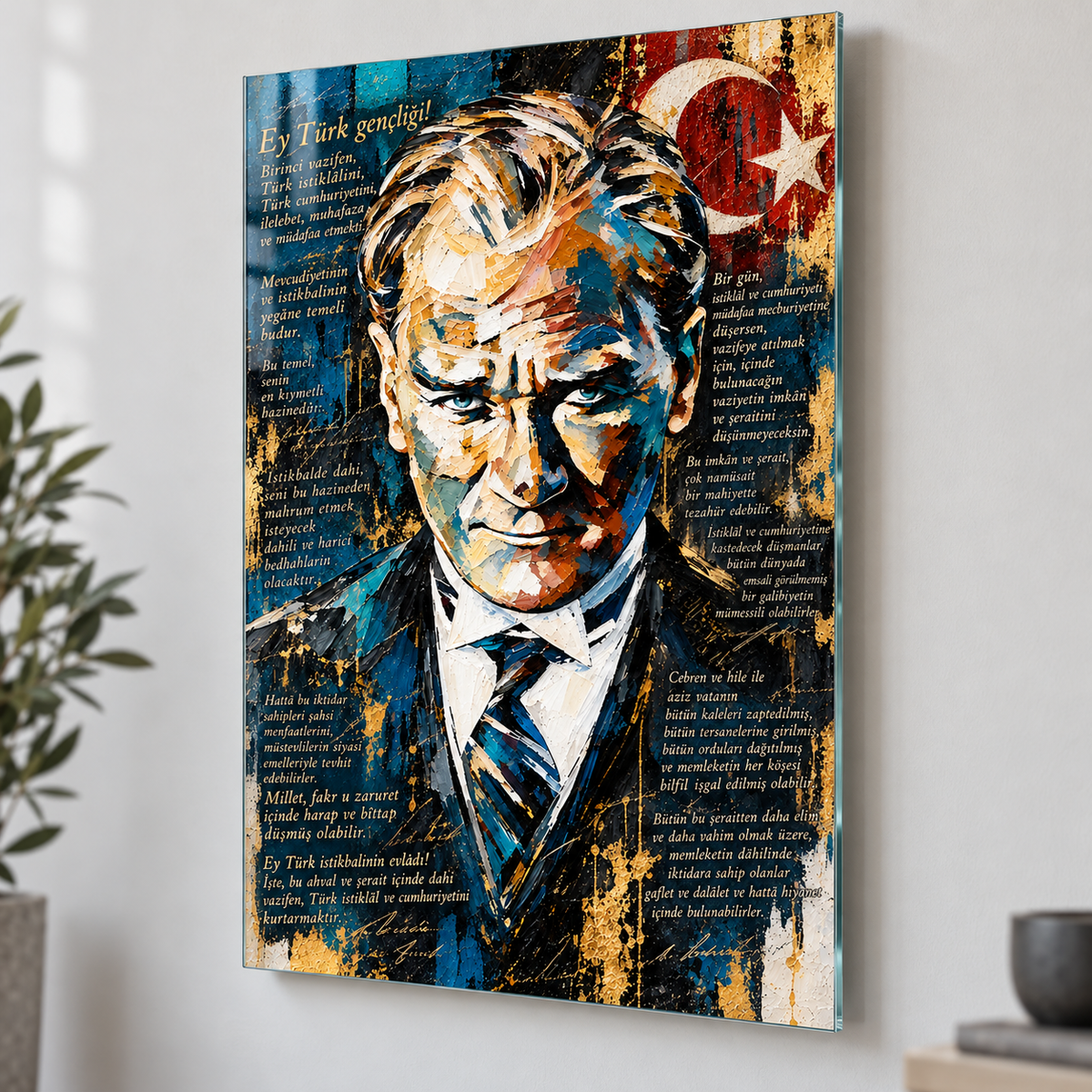 Atatürk ve Gençliğe Hitabe Dikey Cam Tablo - Yüzer tablo ve duvar mesafesi