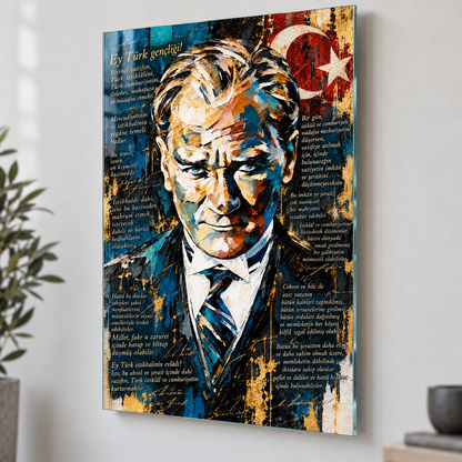 Atatürk ve Gençliğe Hitabe Dikey Cam Tablo - Yüzer tablo ve duvar mesafesi