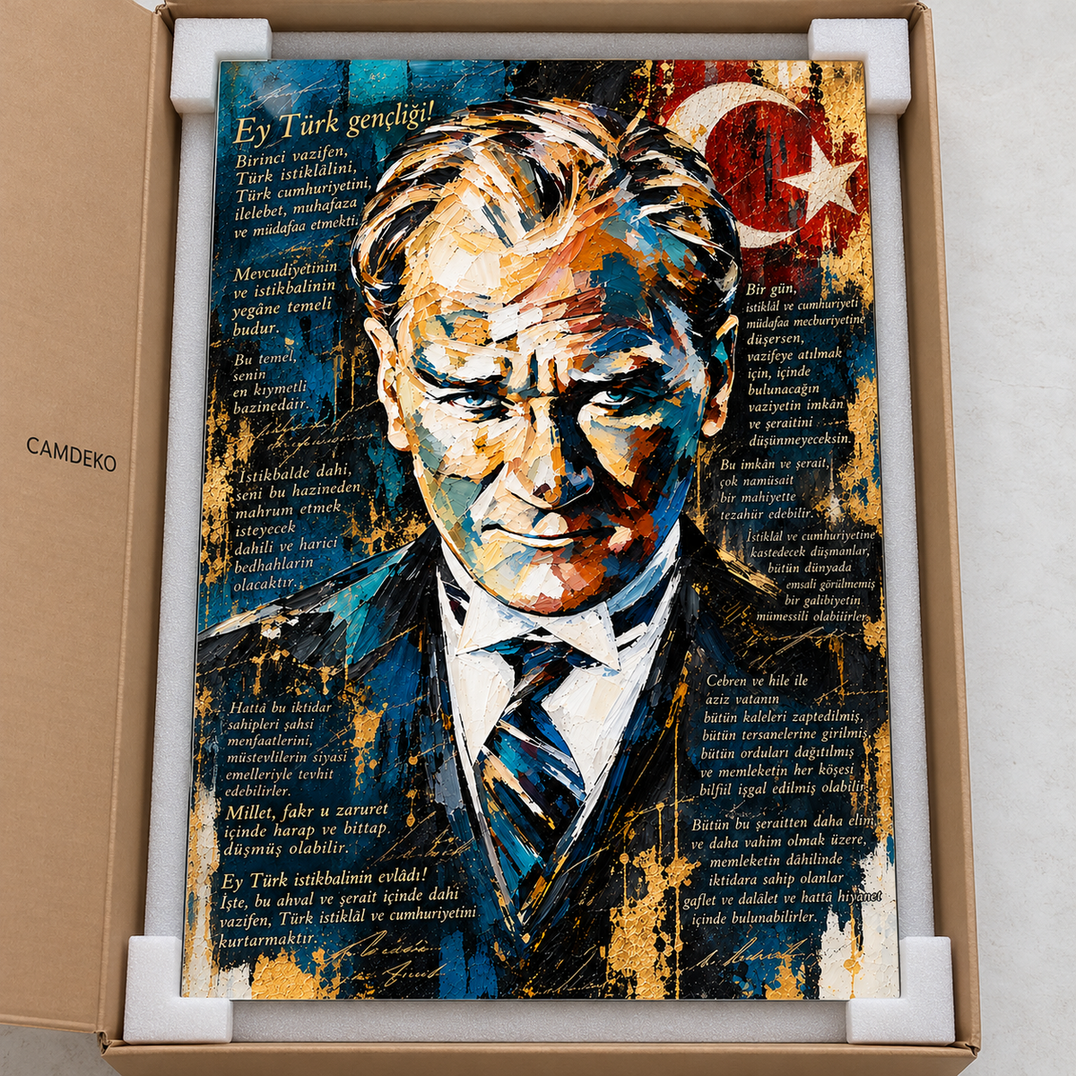 Atatürk ve Gençliğe Hitabe Dikey Cam Tablo - Koruyucu paketleme