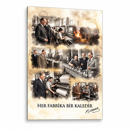 Atatürk Her Fabrika Bir Kaledir dikey cam tablo beyaz vitrin görseli