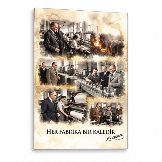 Atatürk Her Fabrika Bir Kaledir dikey cam tablo beyaz vitrin görseli