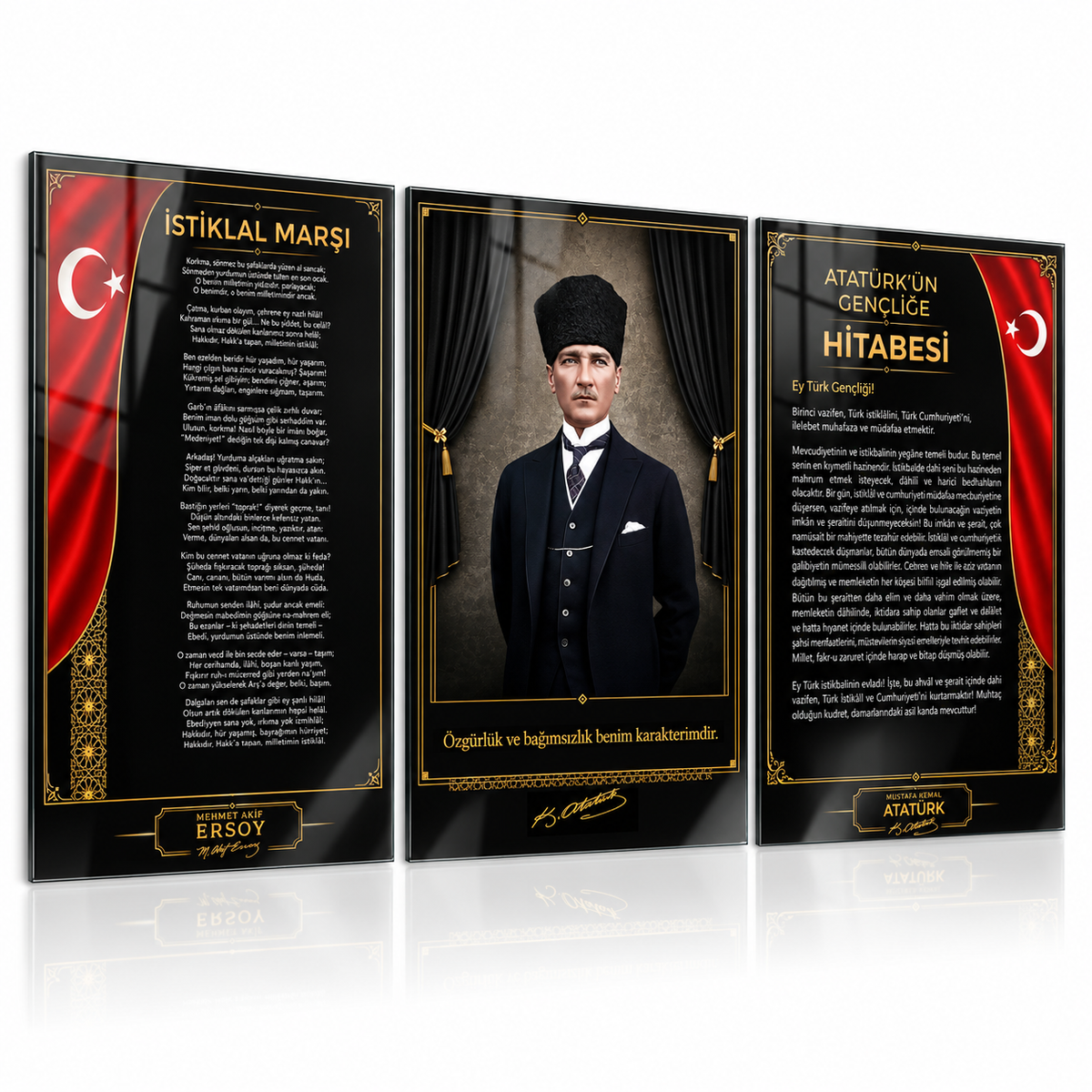 Atatürk Köşesi üçlü cam tablo beyaz zeminde hafif açılı, 4 mm ince cam hissi