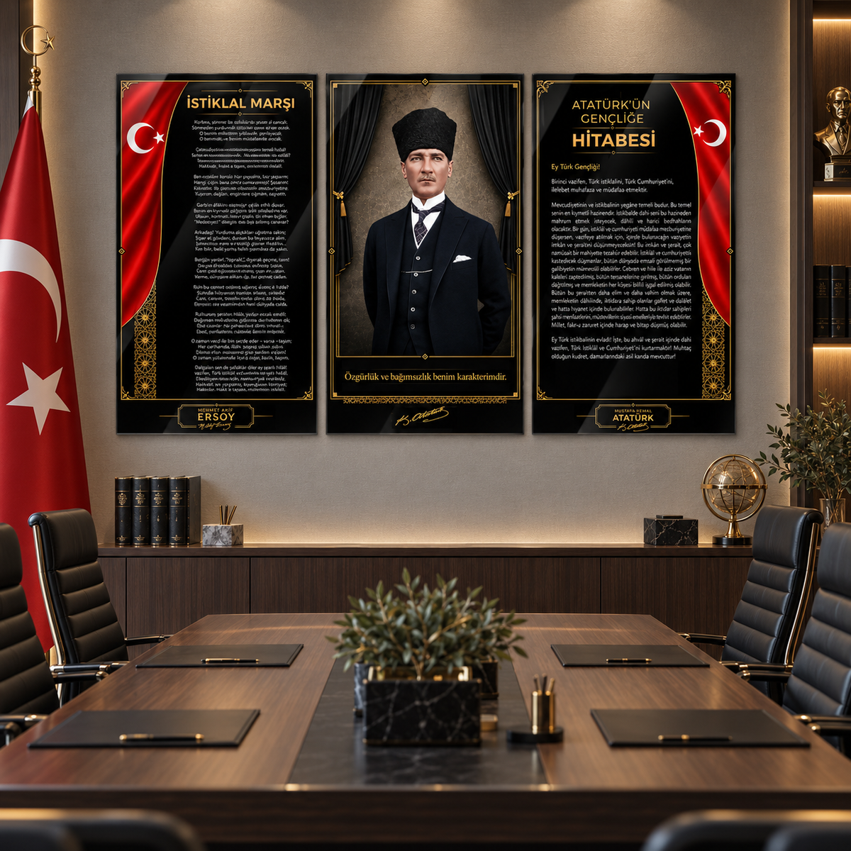 Atatürk Köşesi üçlü cam tablo yönetim kurulu ve toplantı odası görünümü