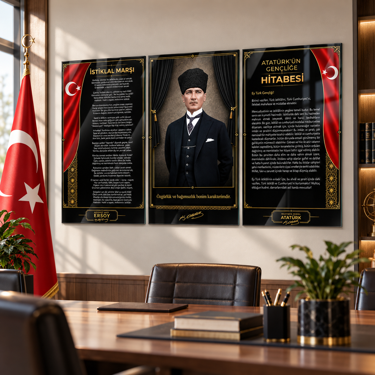 Atatürk Köşesi üçlü cam tablo kurumsal ofis ve makam odası görünümü