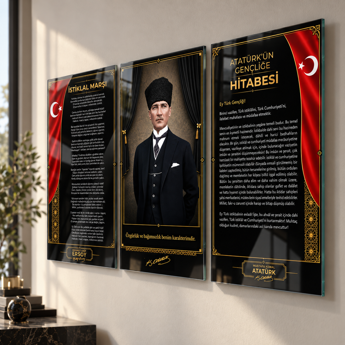 Atatürk Köşesi üçlü cam tablo yandan görünüm ve duvar mesafesi