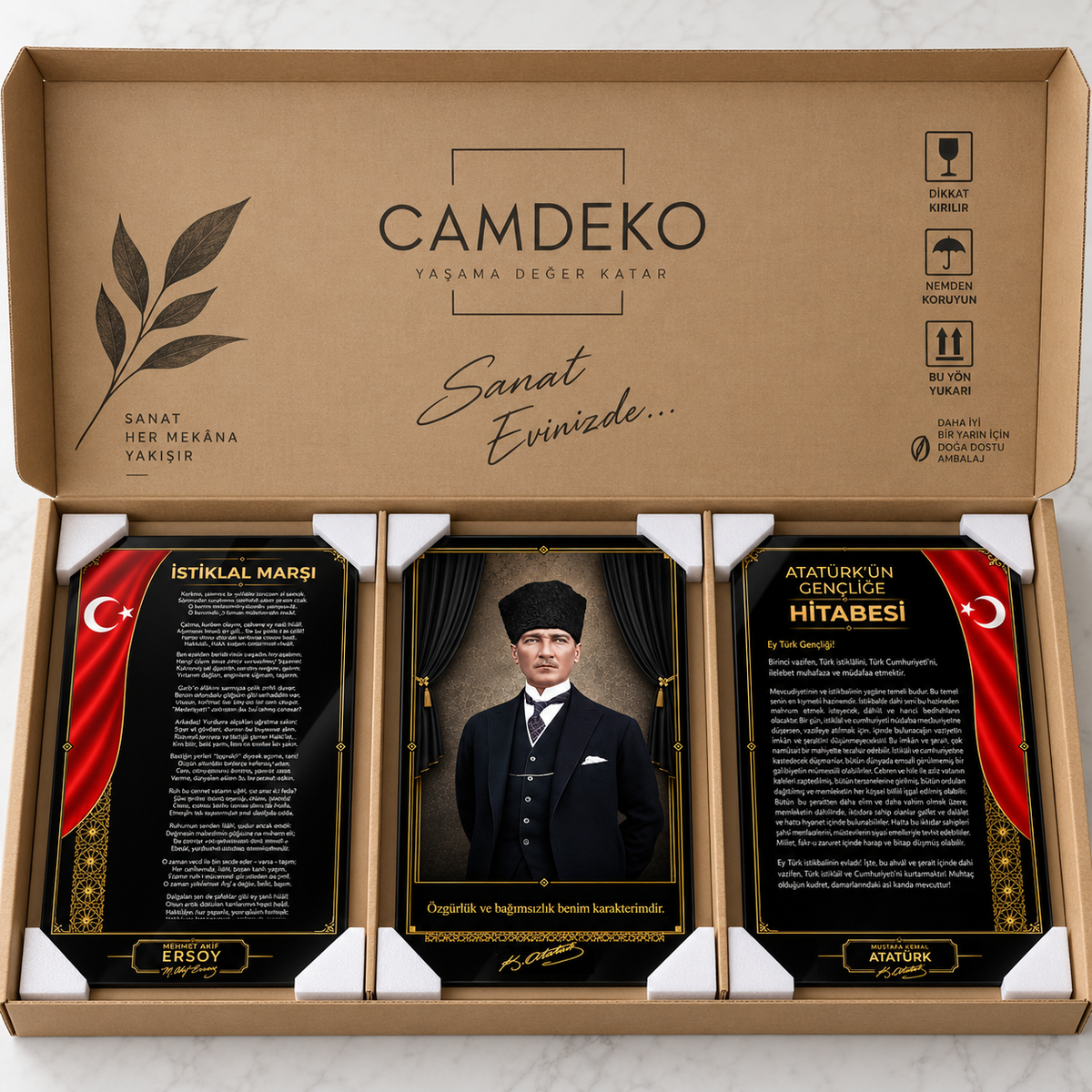 CAMDEKO Atatürk Köşesi üçlü cam tablo korumalı kraft paketleme