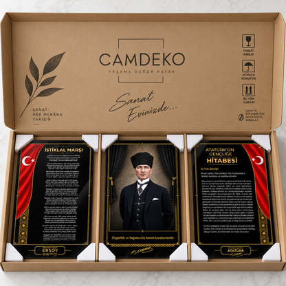 CAMDEKO Atatürk Köşesi üçlü cam tablo korumalı kraft paketleme
