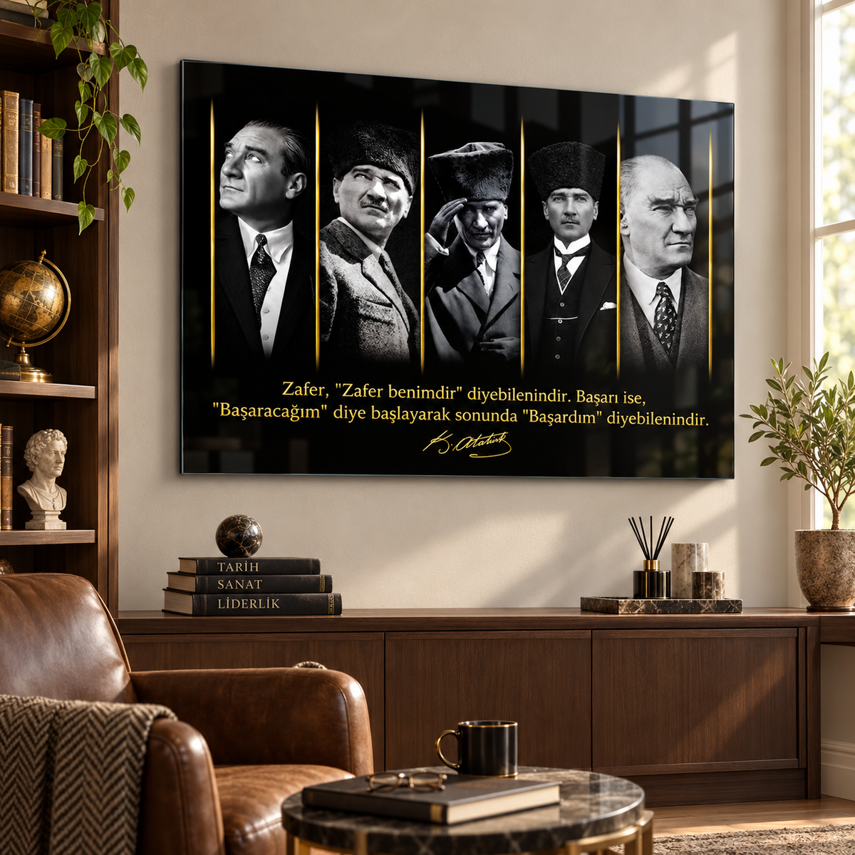 Atatürk portreleri gold detaylı yatay cam tablo şık okuma köşesi mockup