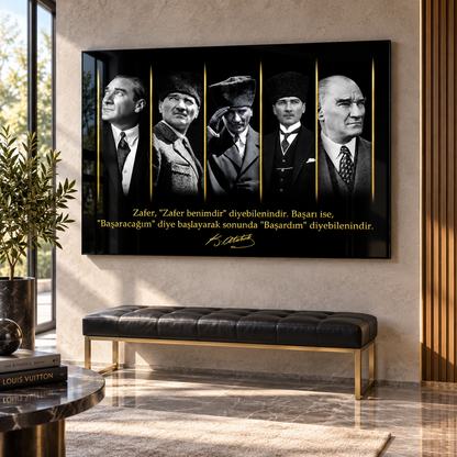 Atatürk portreleri gold detaylı yatay cam tablo modern lüks lobi mockup