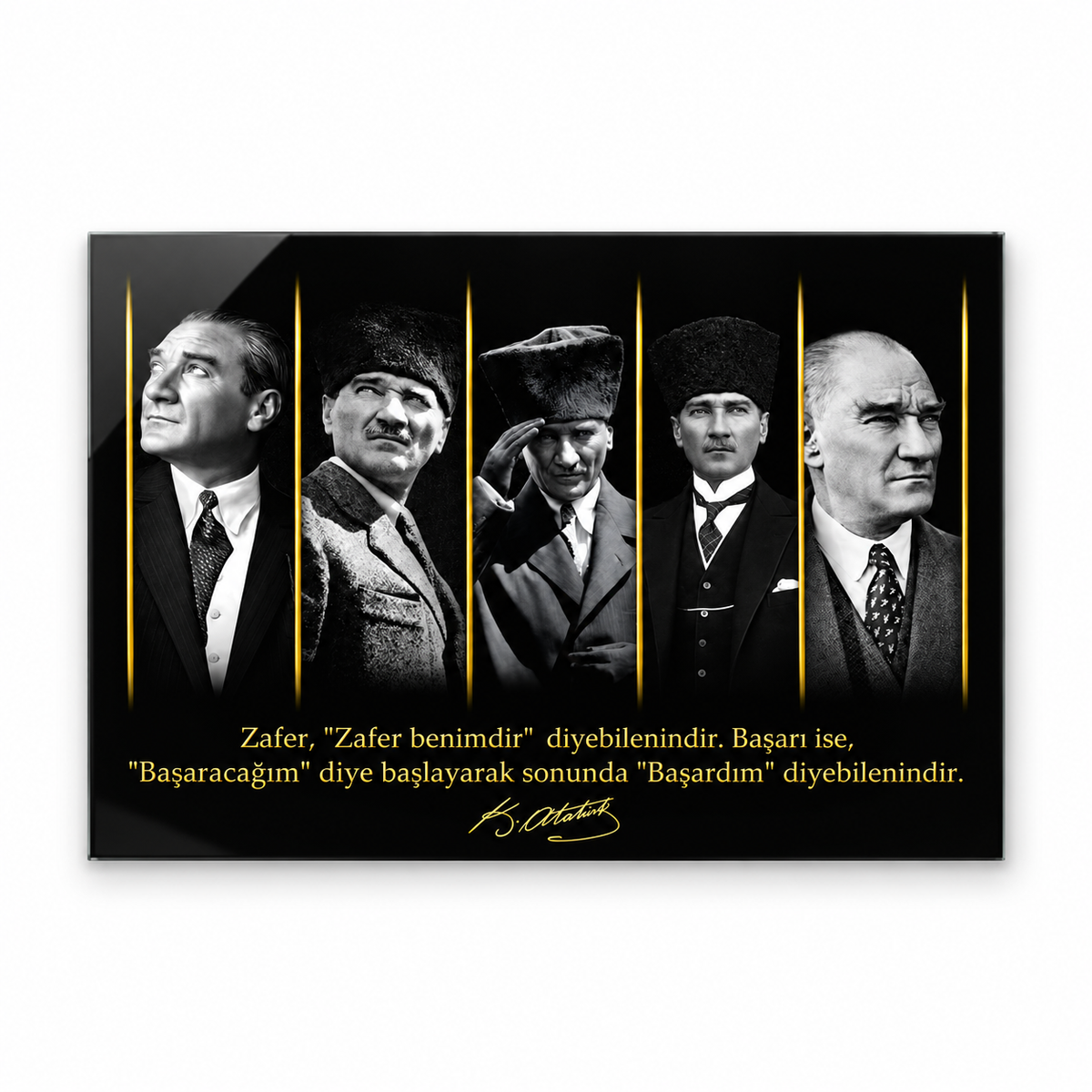 Atatürk portreleri gold detaylı yatay cam tablo beyaz zemin vitrin görseli