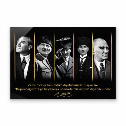 Atatürk portreleri gold detaylı yatay cam tablo beyaz zemin vitrin görseli