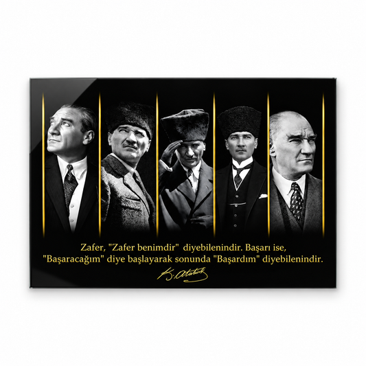 Atatürk portreleri gold detaylı yatay cam tablo beyaz zemin vitrin görseli