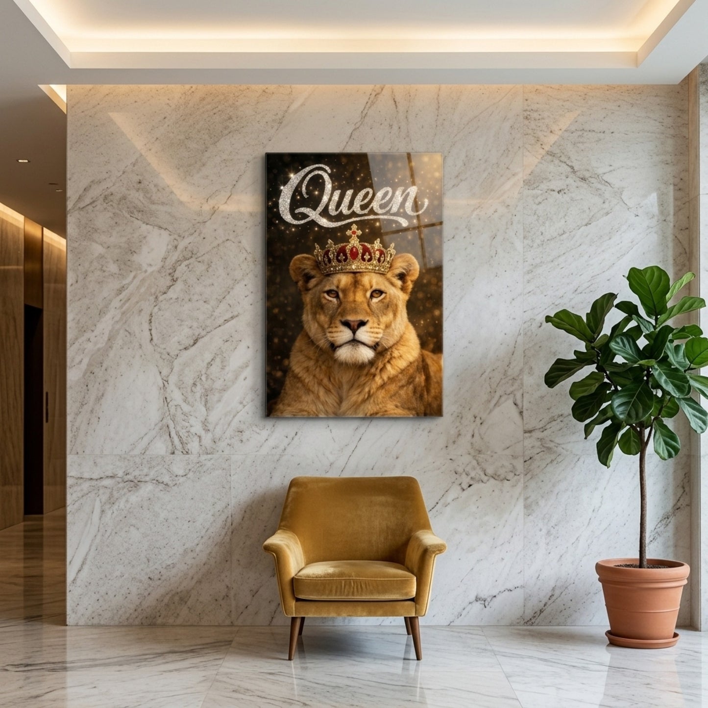 Kraliçe Aslan Altın Taçlı Sanatsal Poster Dikey Cam Tablo