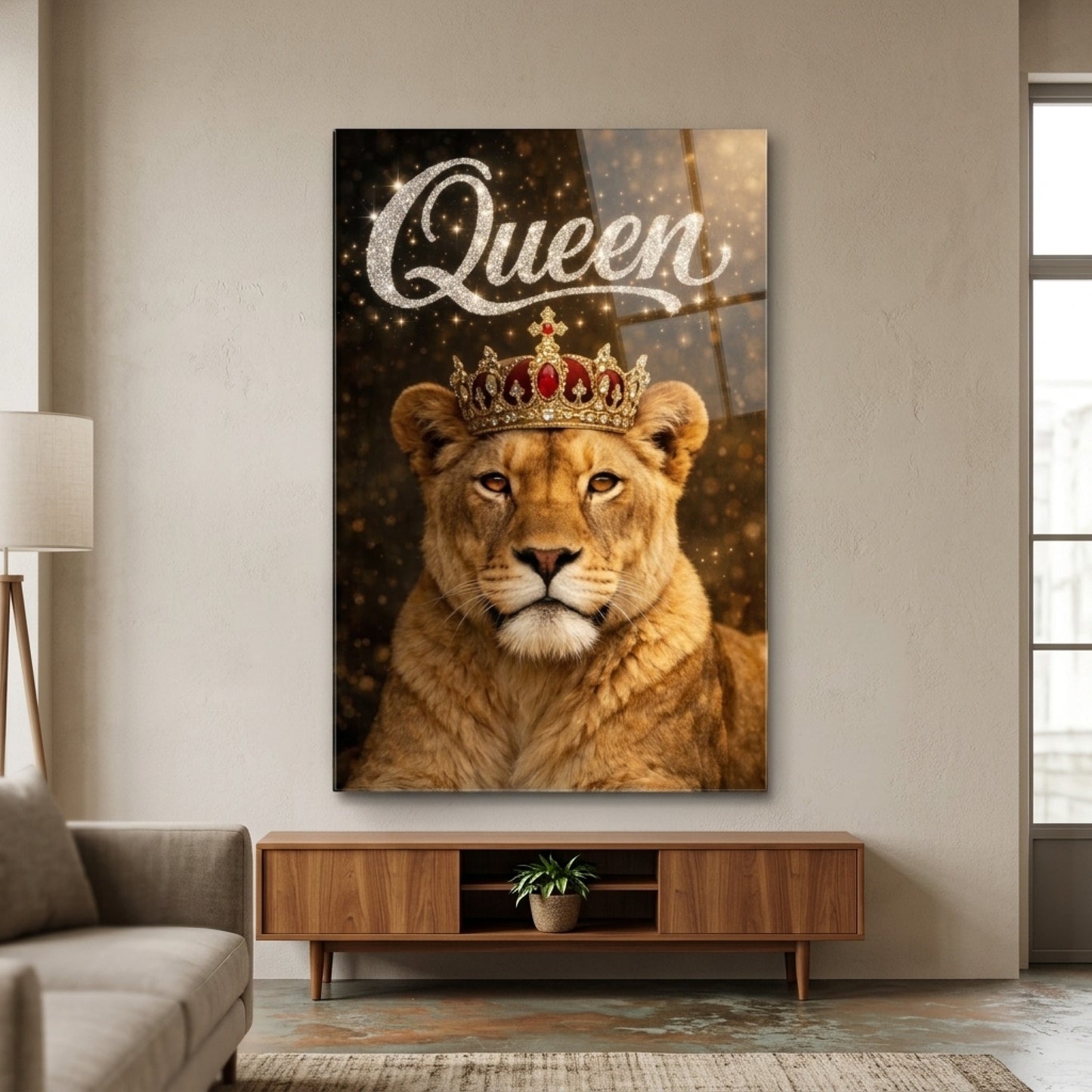 Kraliçe Aslan Altın Taçlı Sanatsal Poster Dikey Cam Tablo