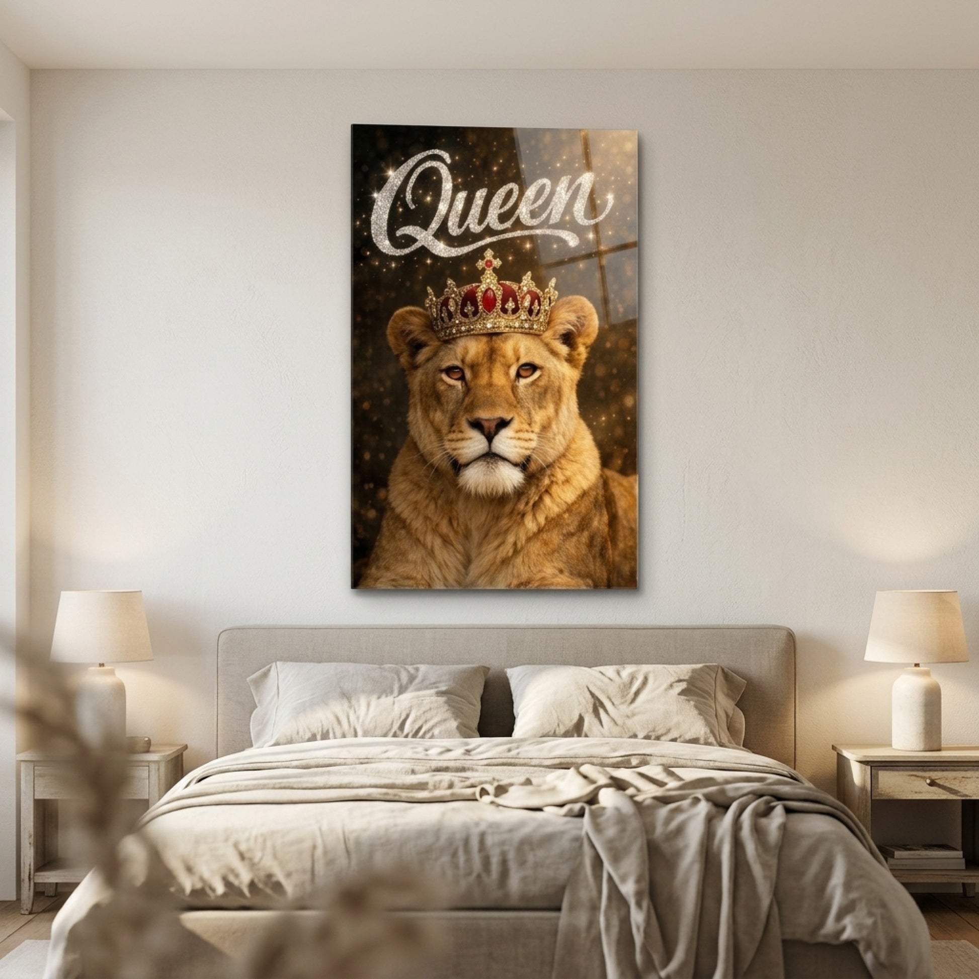 Kraliçe Aslan Altın Taçlı Sanatsal Poster Dikey Cam Tablo