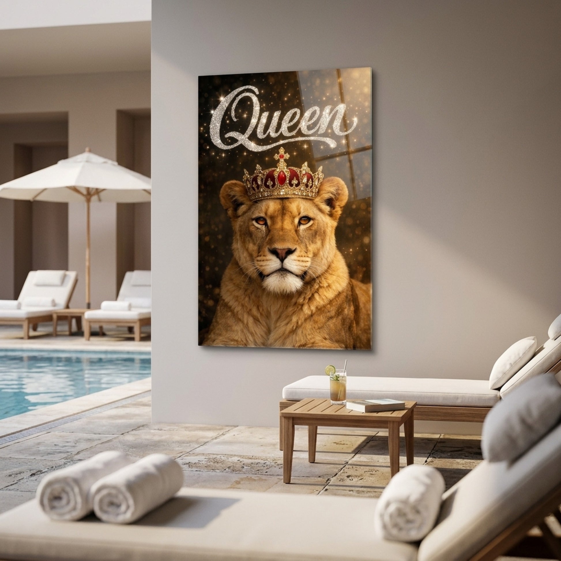 Kraliçe Aslan Altın Taçlı Sanatsal Poster Dikey Cam Tablo