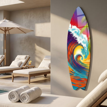 Renkli Tropikal Dalga ve Palmiye Manzarası Surf Board Cam Tablo
