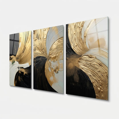 Modern Soyut Siyah Beyaz Altın Varaklı Parçalı Dikey 3'lü Set Cam Tablo